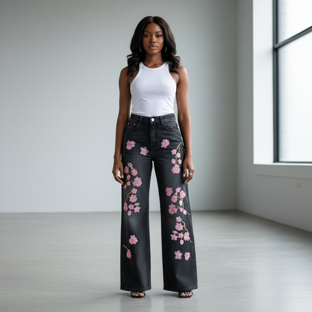 Nigerian female model wearing black cherry blossom embroidered wide-leg jeans front view
