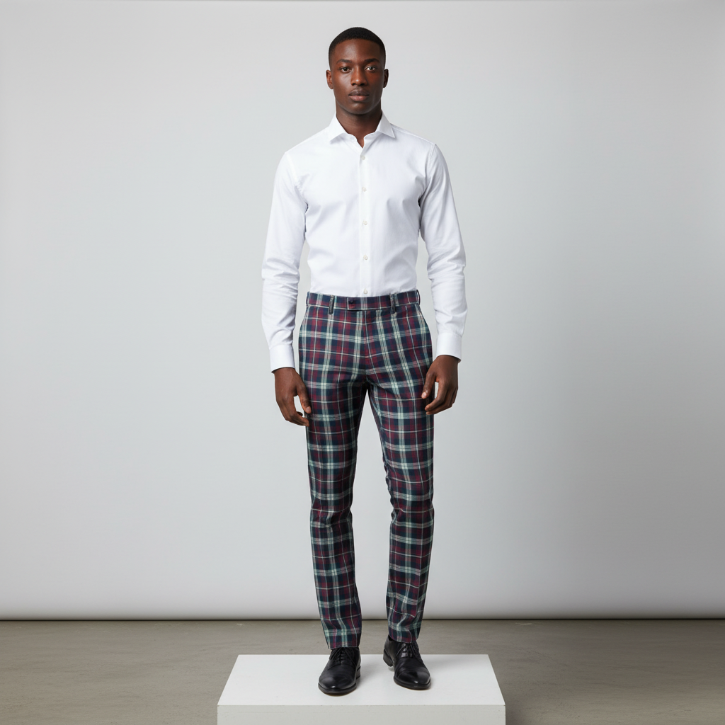 Burgundy Navy Mint Tartan Trousers – Front Model