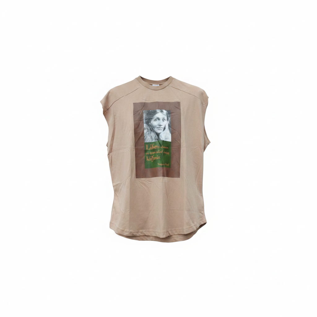 Sand beige graphic sleeveless vest on ghost mannequin, white background