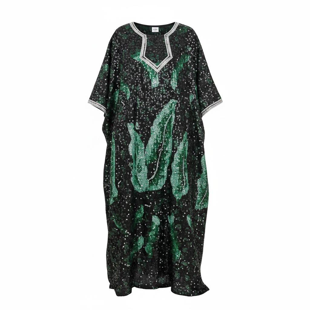 Ghost mannequin view of women's deep green sequin bubu dress with white embroidered neckline