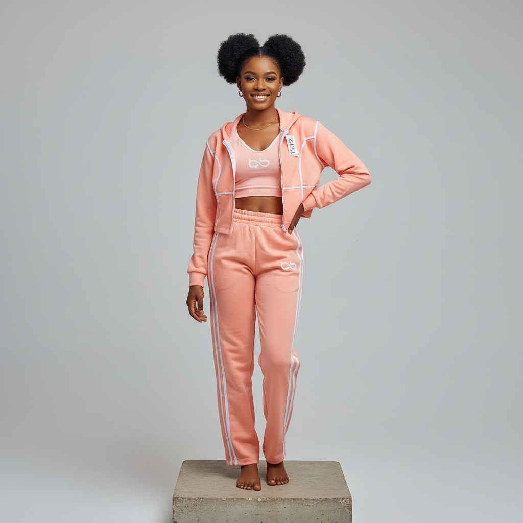 Peach Stripe Zip Hoodie Tracksuit Set – Model Shot