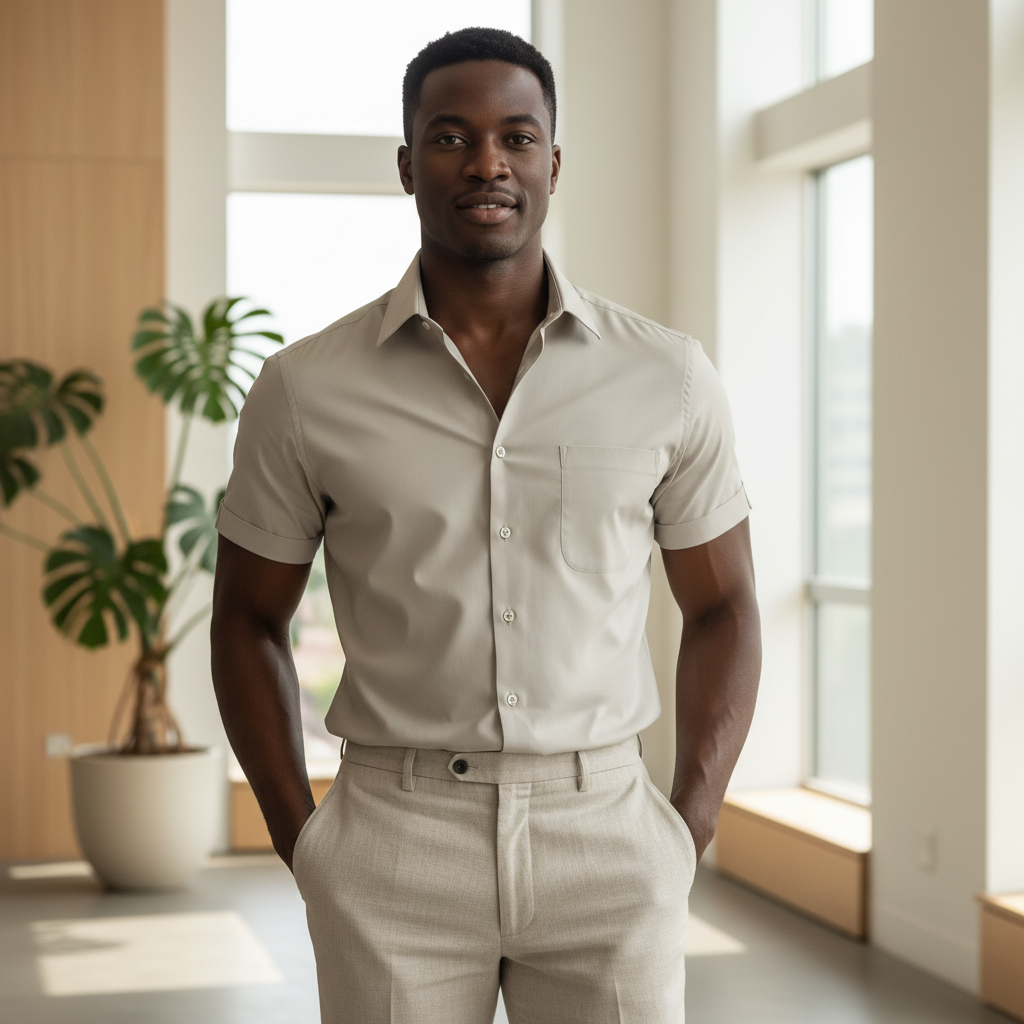 Nigerian male model wearing stone short sleeve shirt