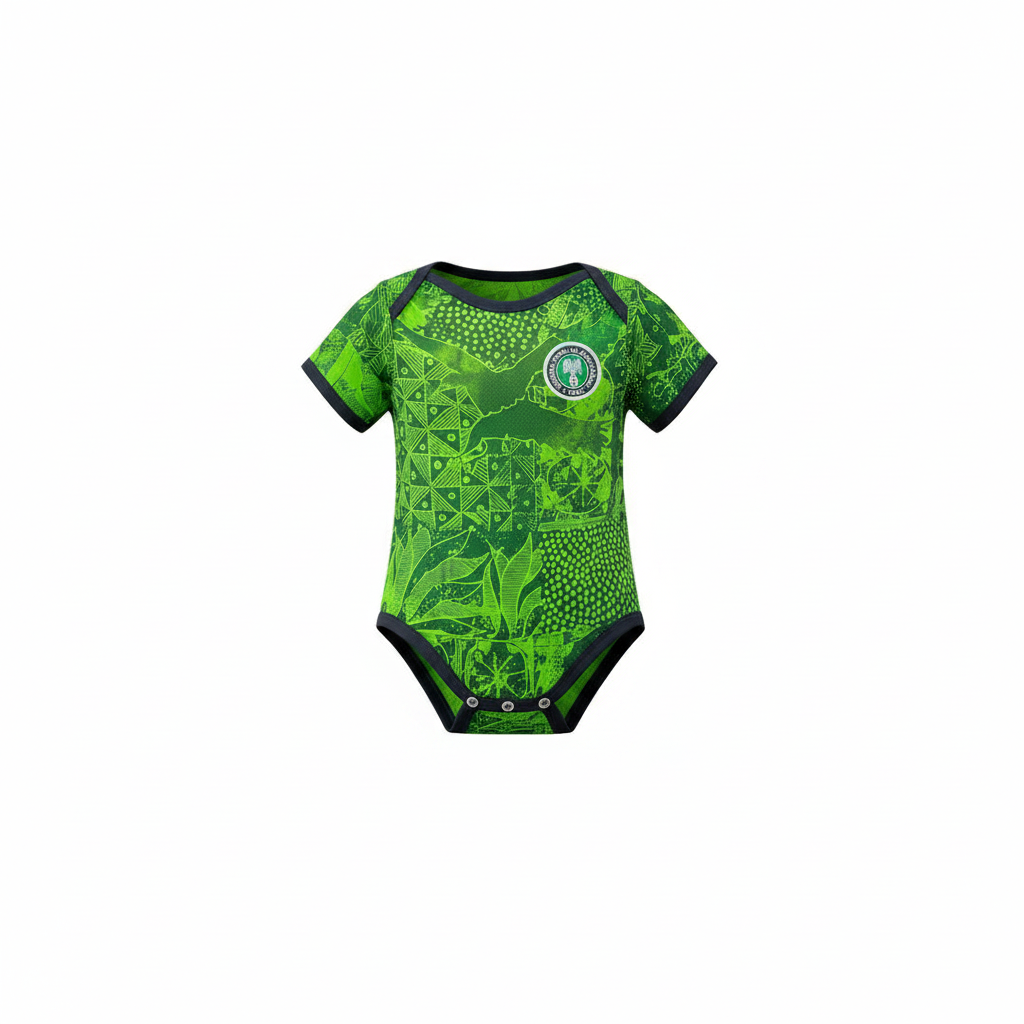 Baby green African print football romper bodysuit – ghost mannequin front view on white background