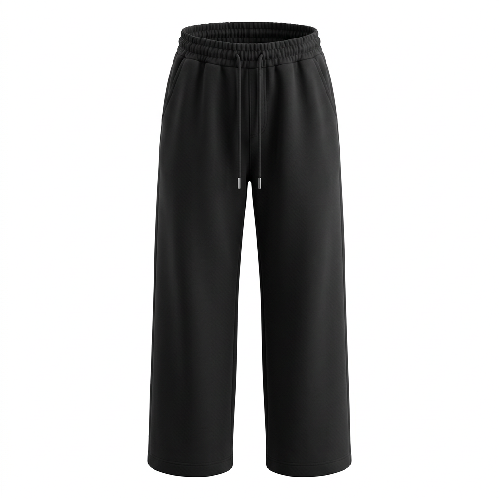 Black men's wide-leg drawstring trousers in ghost mannequin view on white