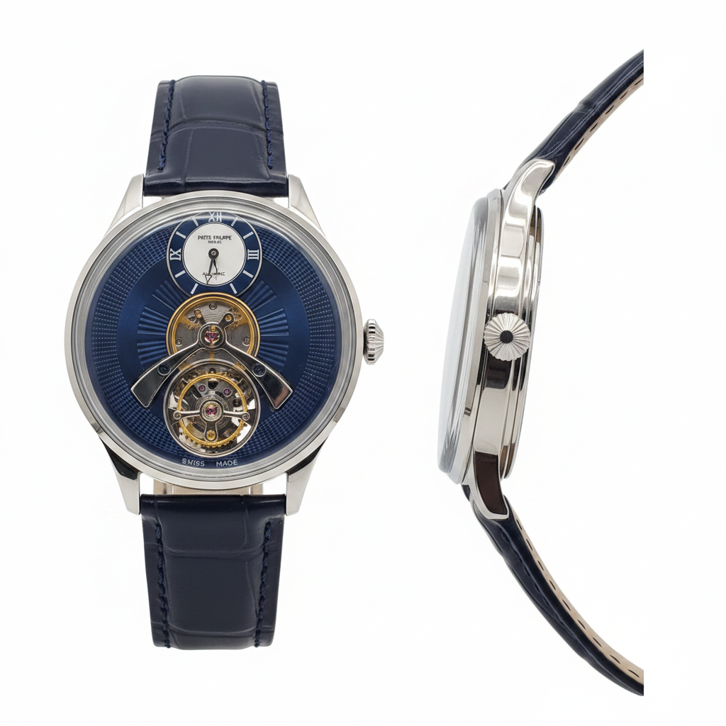 Men's Navy Blue Dial Silver Tourbillon Automatic Watch – Front and Side Ghost Mannequin View