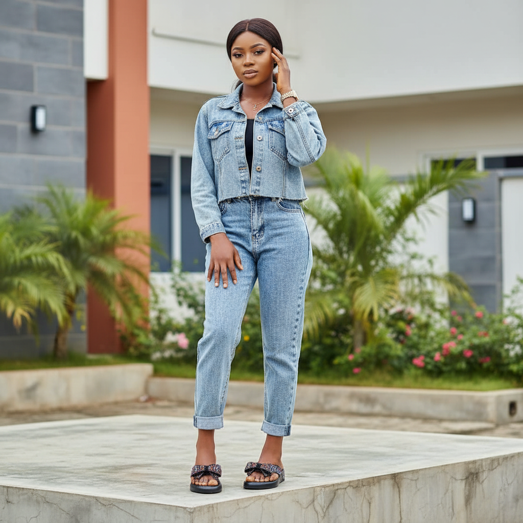 Nigerian model wearing multicolour rhinestone bow cross-strap beaded mule slippers - both feet styled