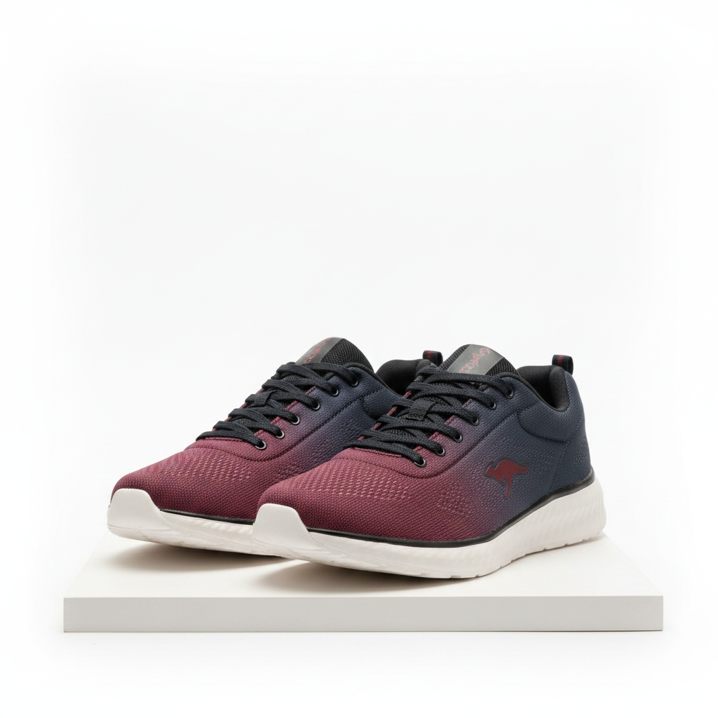 Men's navy to burgundy gradient knit lace-up running sneakers pair product shot