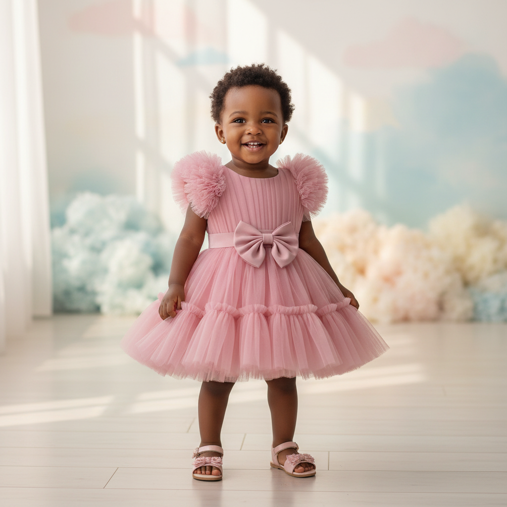 Nigerian toddler girl wearing pink tulle puff sleeve party dress