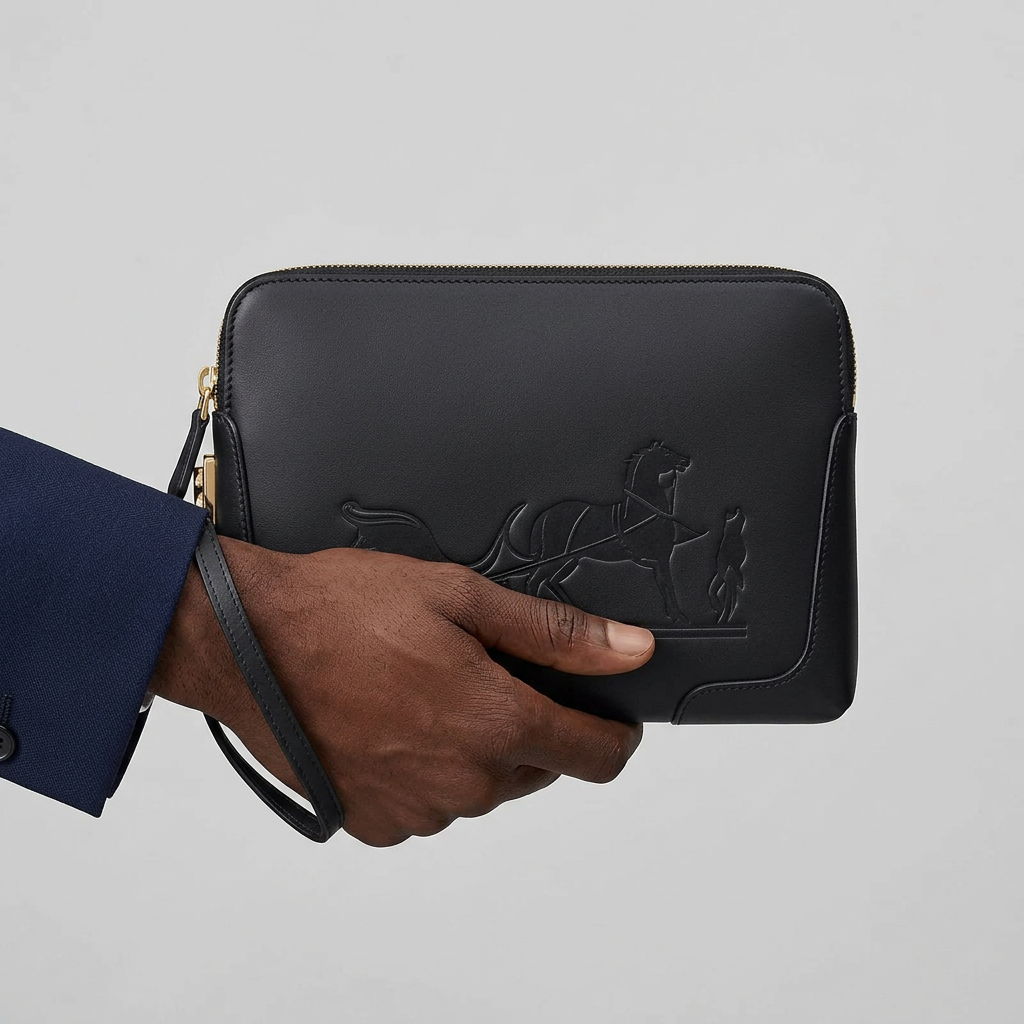 Man's hand carrying smooth black embossed wrist pouch