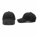Plain black charcoal distressed baseball cap with frayed brim – ghost mannequin front and side view