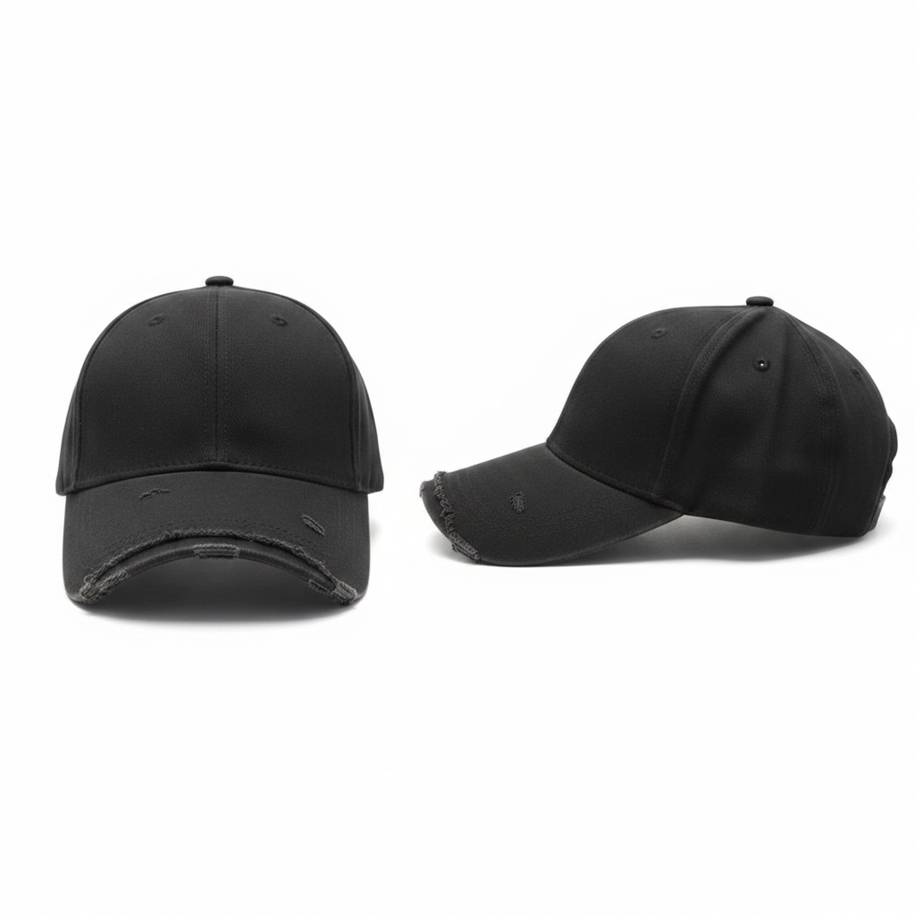 Plain black charcoal distressed baseball cap with frayed brim – ghost mannequin front and side view