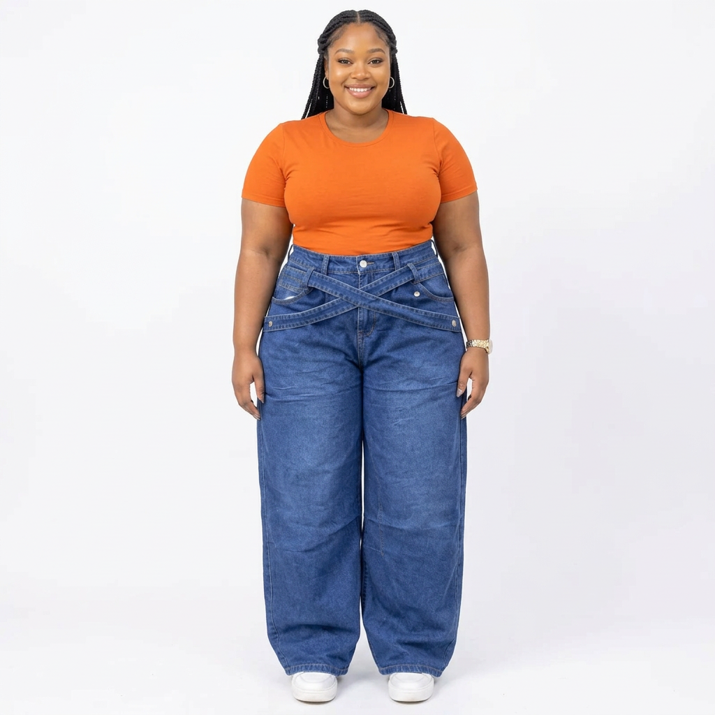 Woman wearing washed blue crossover-strap wide-leg jeans with an orange tee