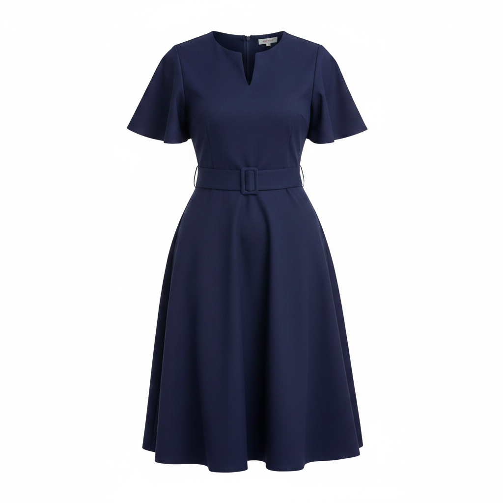 Ghost mannequin view of women's navy blue flutter sleeve belted A-line midi dress