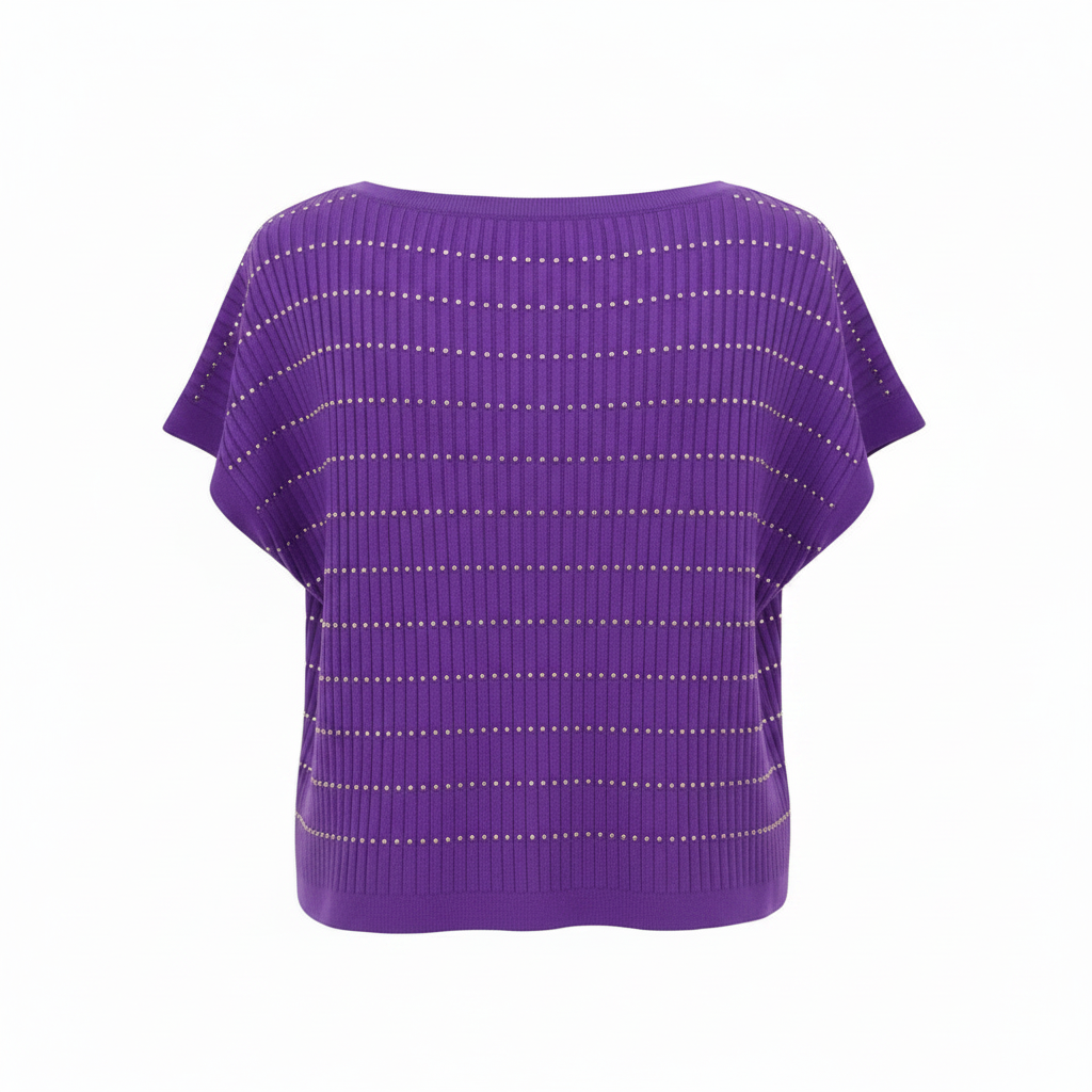 Ghost mannequin back view of purple rhinestone ribbed cap sleeve top