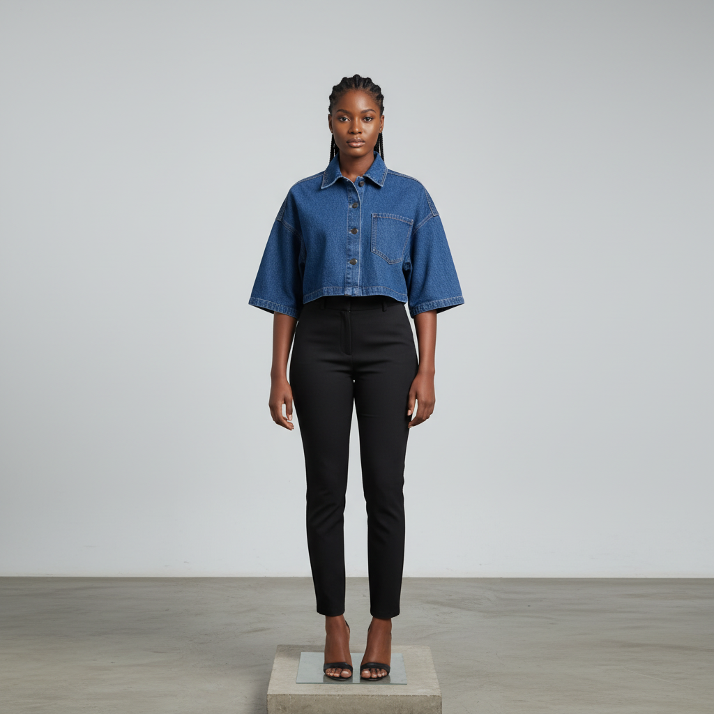 Medium Blue Cropped Short-Sleeve Denim Jacket - Model Front