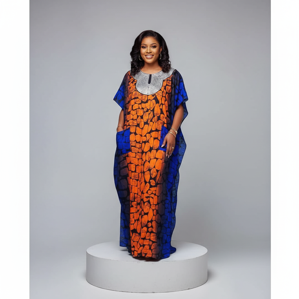Nigerian female model wearing blue orange mosaic long bubu gown with beaded neckline