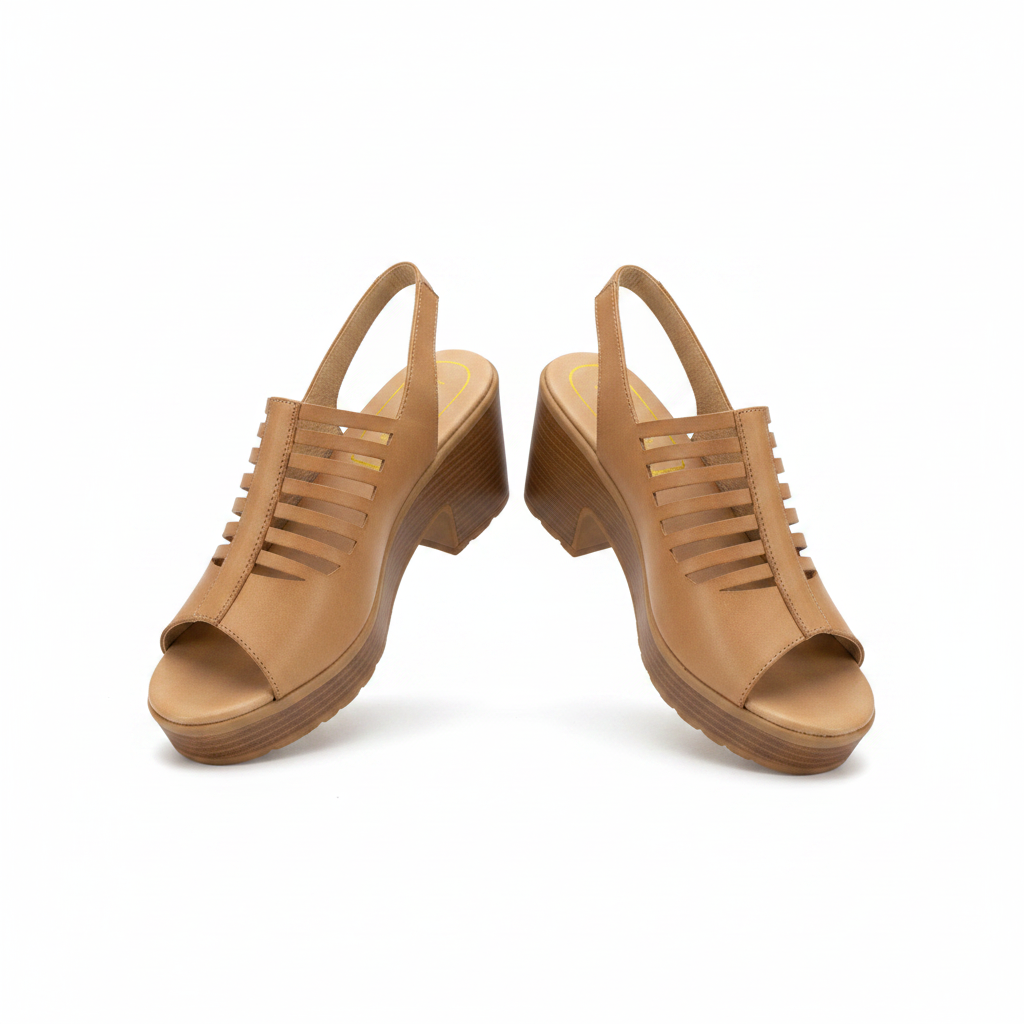 Women's Multi-Strap Peep-Toe Wedge Slingback Sandal - Light Brown Ghost Mannequin