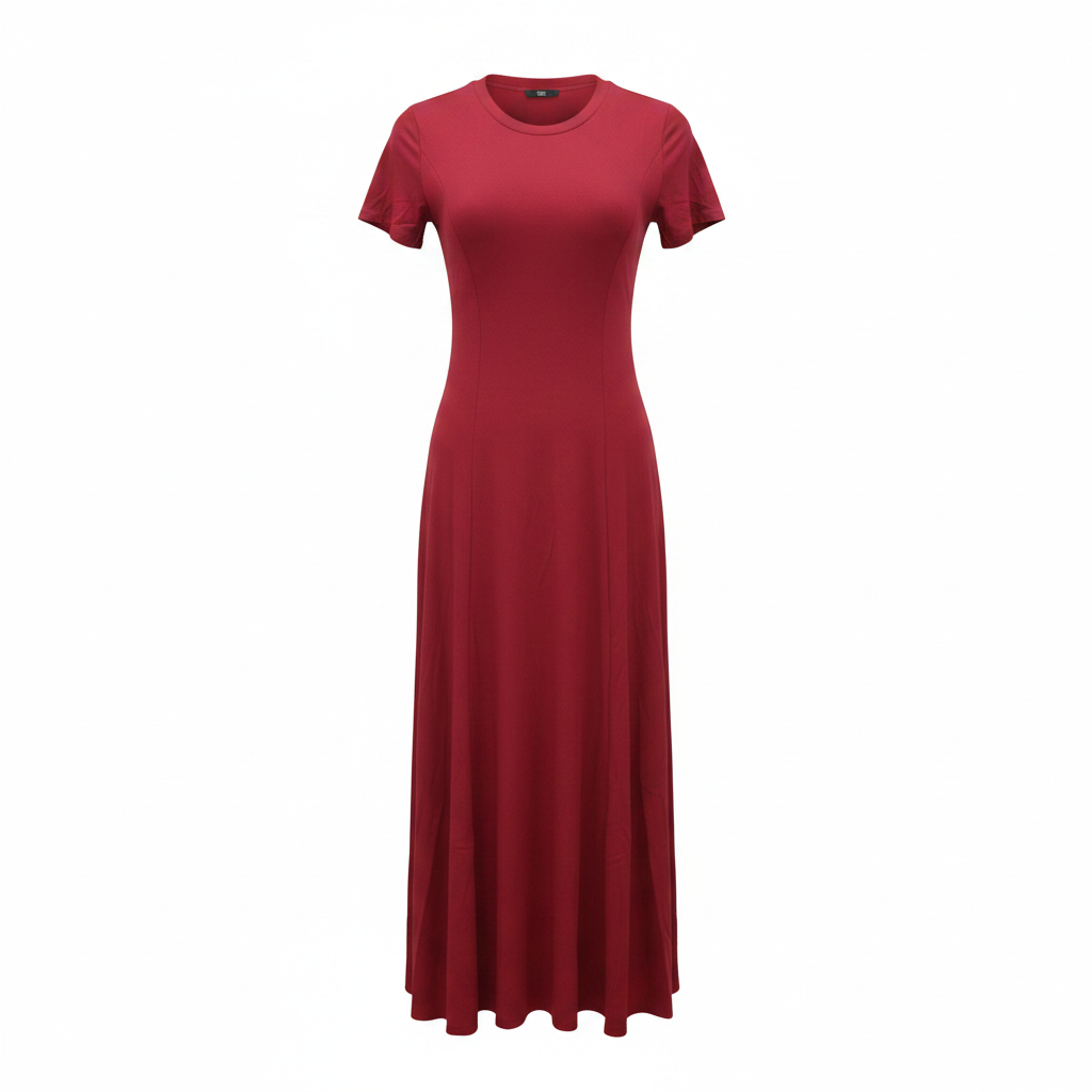 Women's red short-sleeve flared maxi dress - ghost mannequin front view
