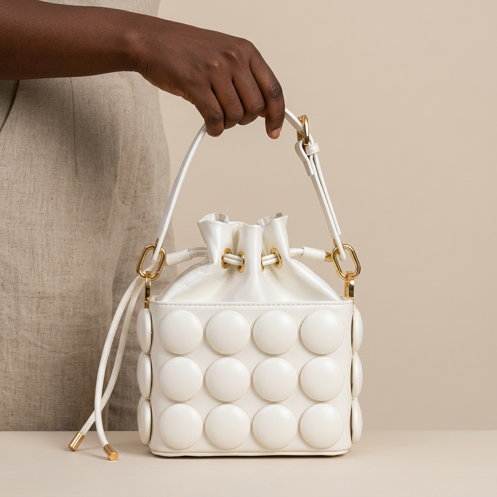 Hand holding a white circle-appliqué drawstring bucket bag