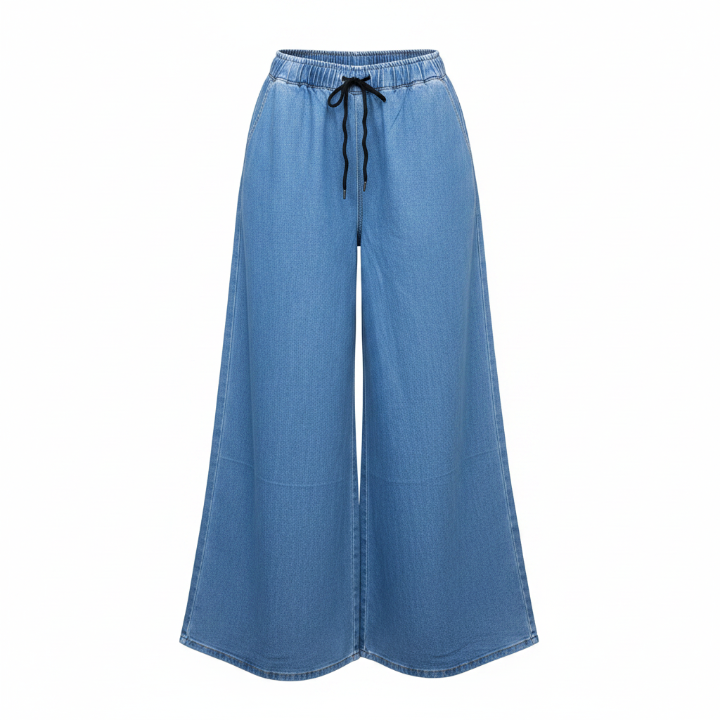 Women's light blue wide-leg palazzo drawstring denim jeans on ghost mannequin, white background