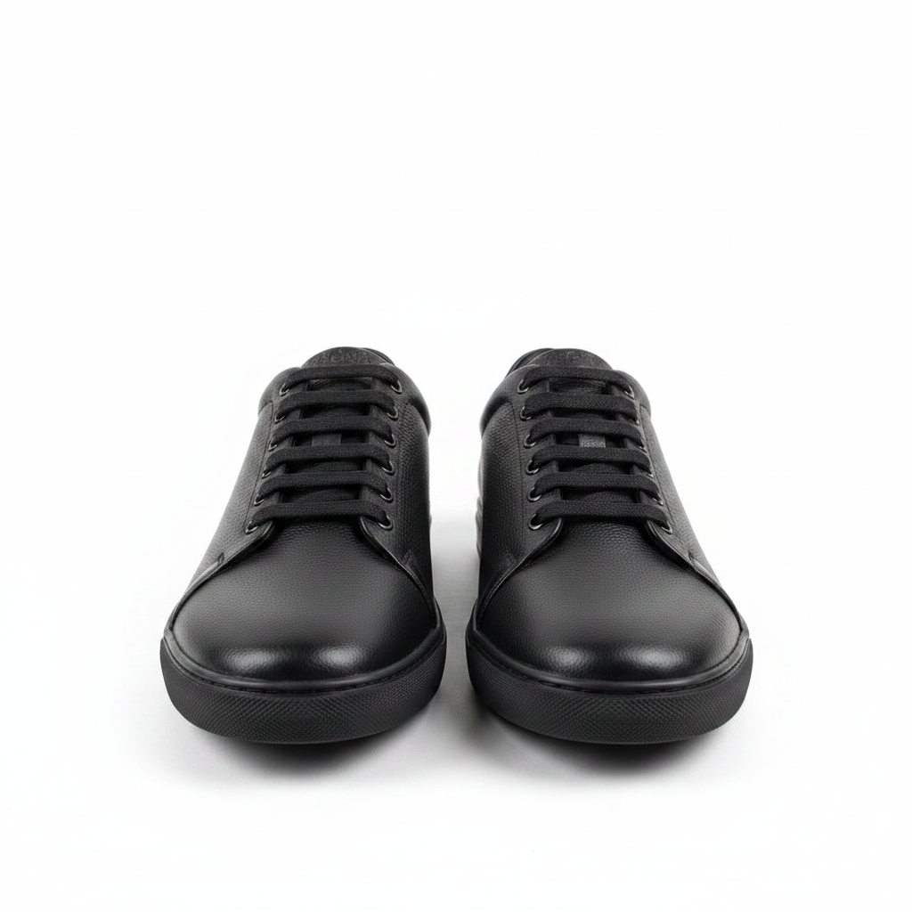 Men's all-black pebbled leather lace-up low-top sneakers pair product shot