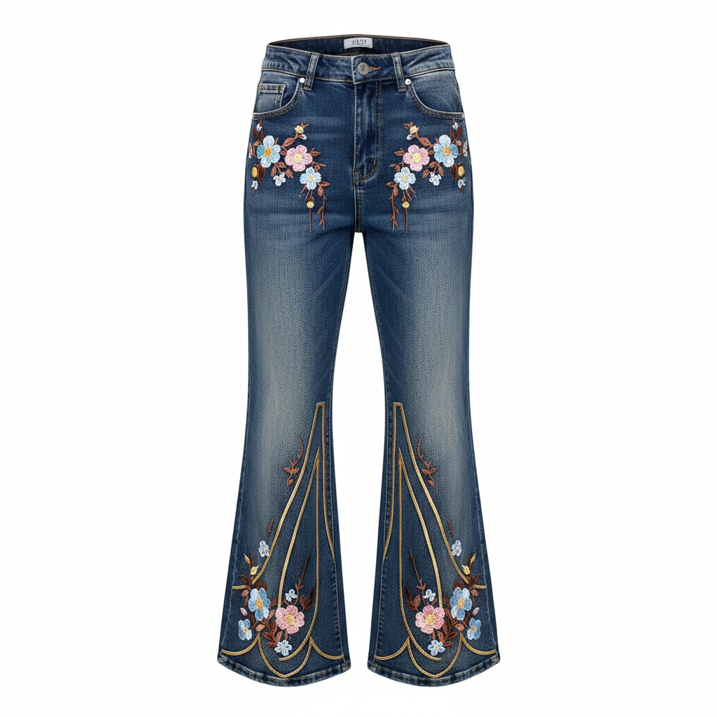 Women's floral embroidered flare jeans ghost mannequin front view, washed indigo denim