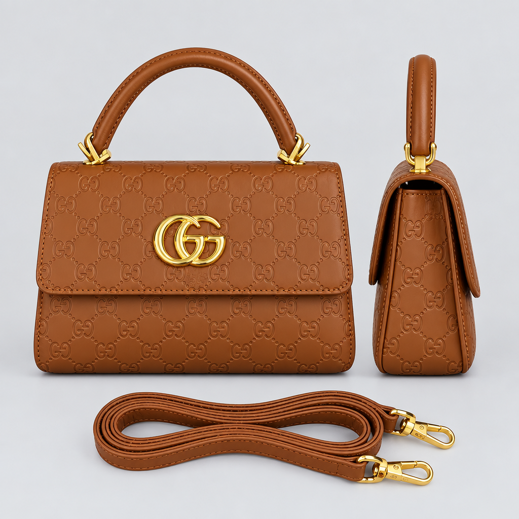 Cognac brown embossed handbag front and side views with matching strap