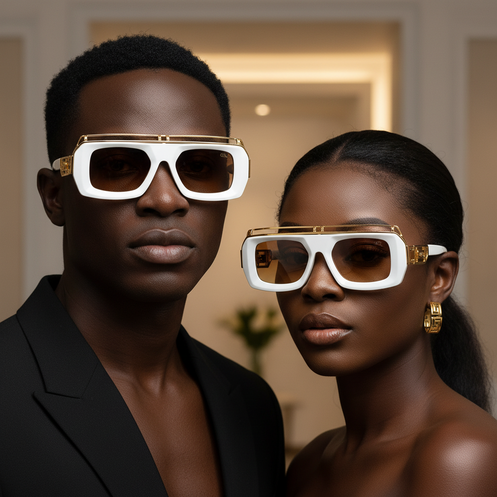 Nigerian male and female models wearing oversized flat-top sunglasses white frame gradient amber honey lens gold Greek key hardware