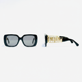 Unisex oversized square sunglasses black acetate frame grey lens gold lattice temple hardware – front and side view