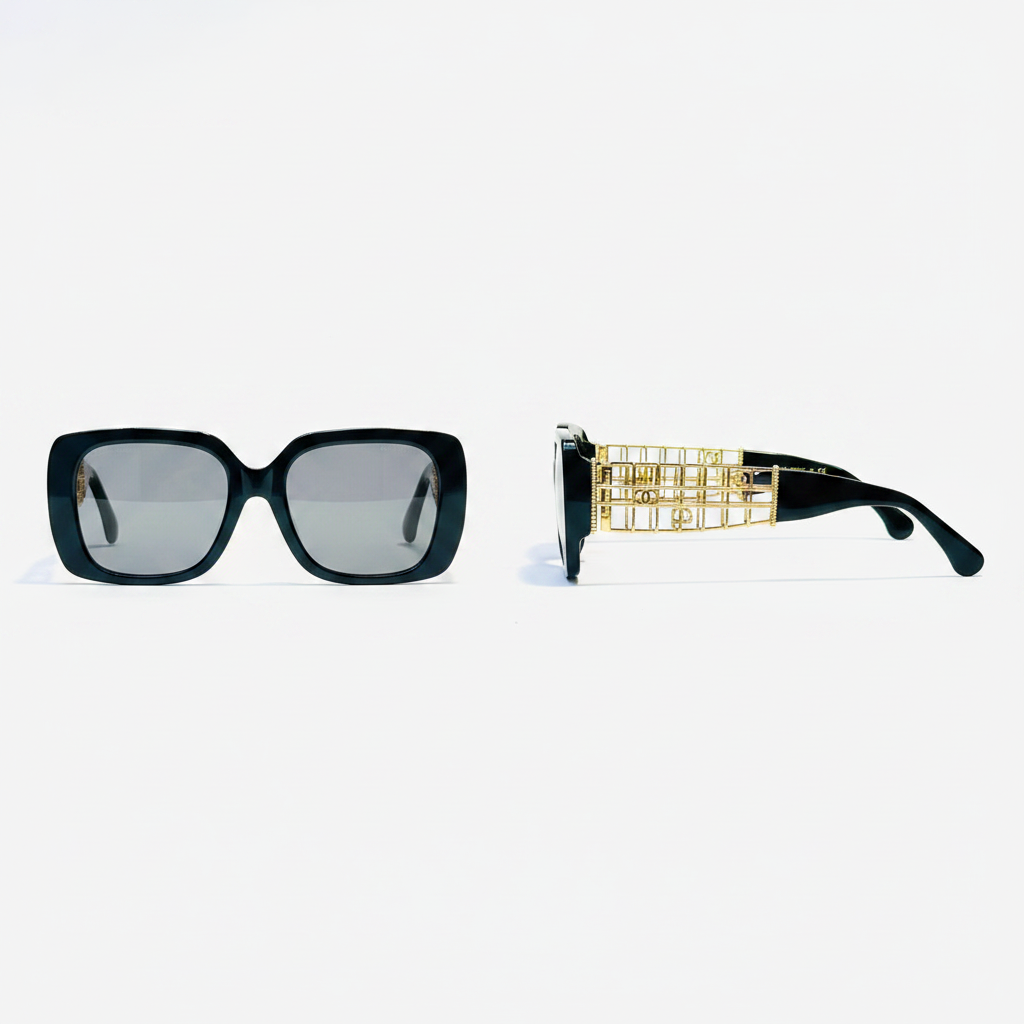 Unisex oversized square sunglasses black acetate frame grey lens gold lattice temple hardware – front and side view