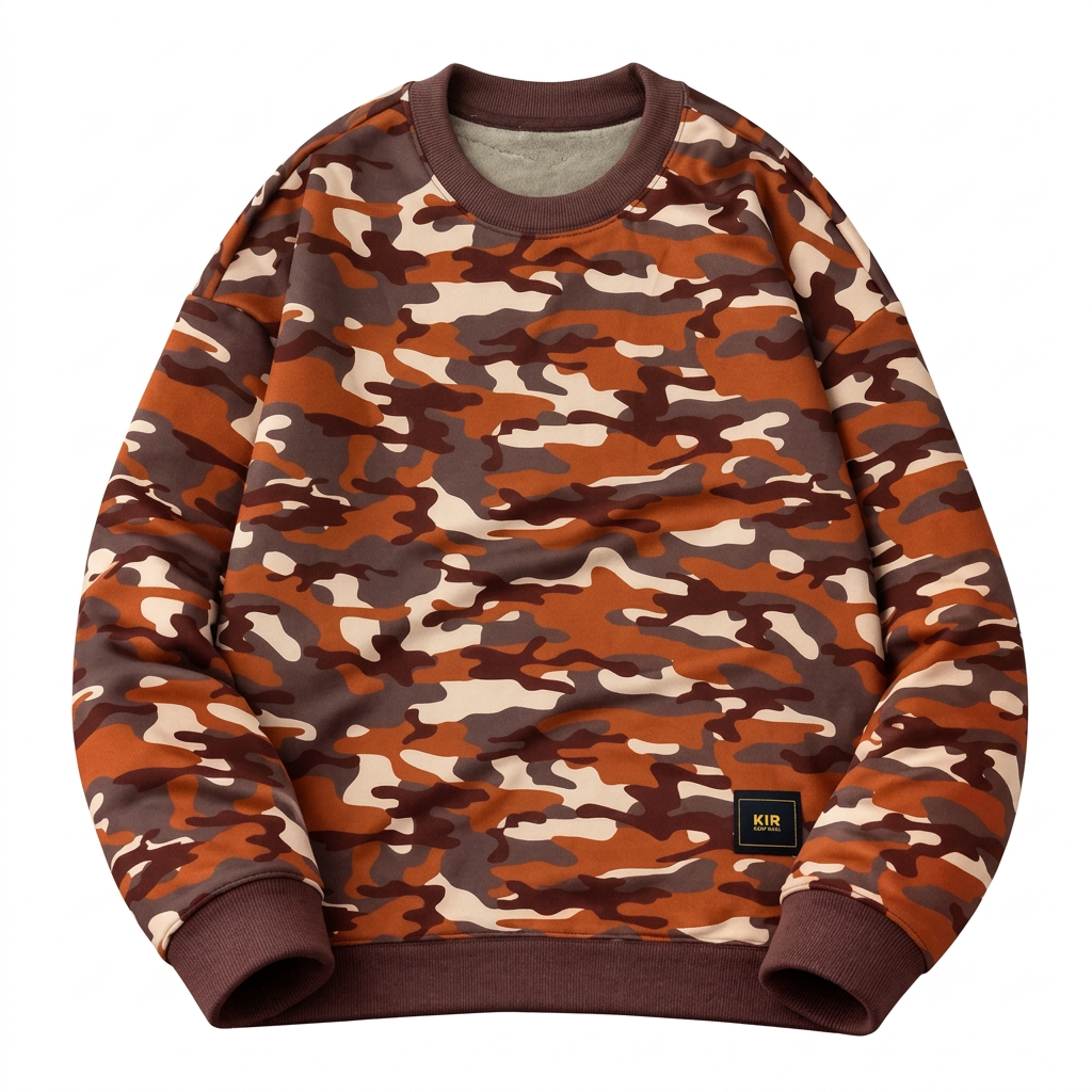 Rust-orange brown grey and cream camouflage sweatshirt with brown ribbed trims