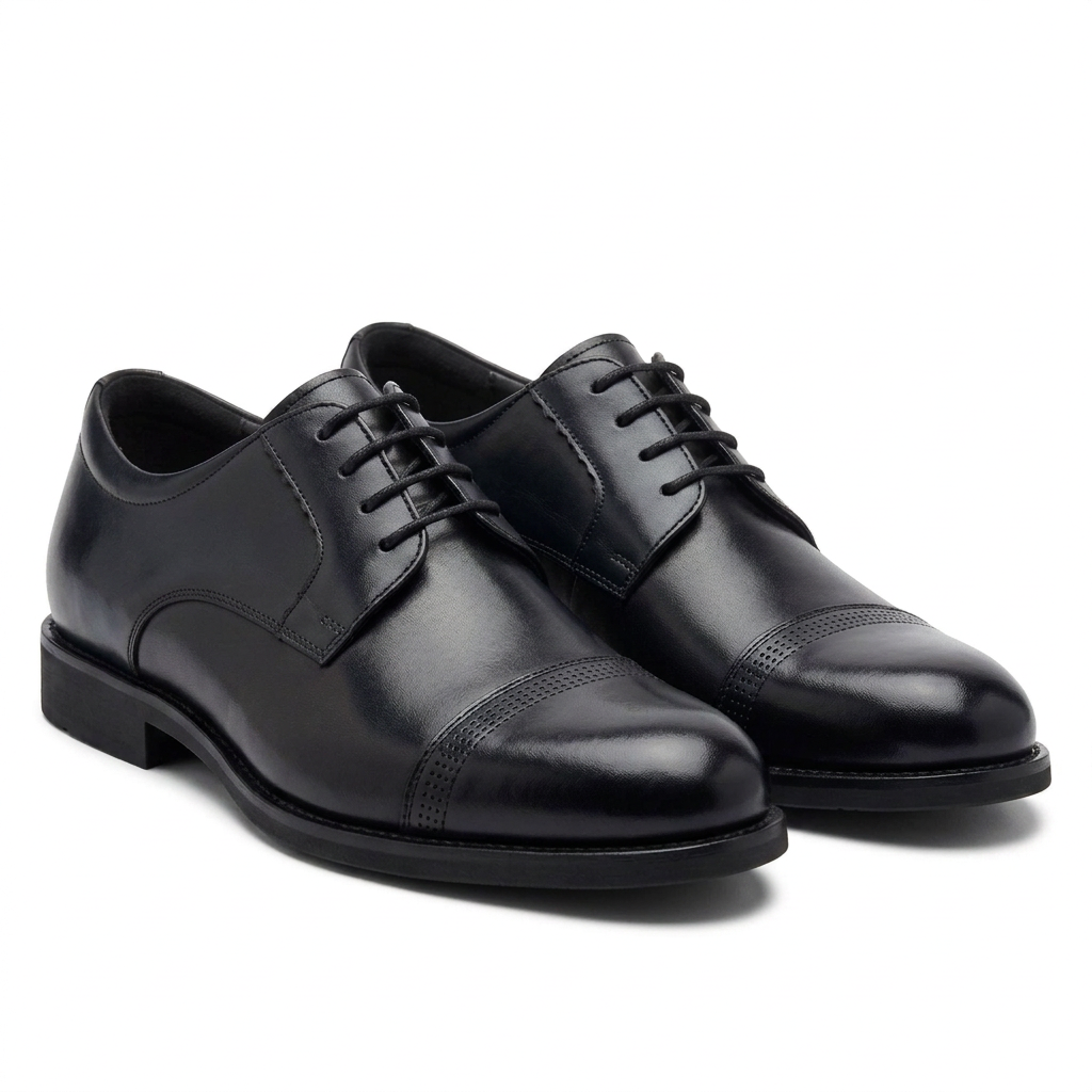 Pair of plain black leather cap-toe derby shoes on white