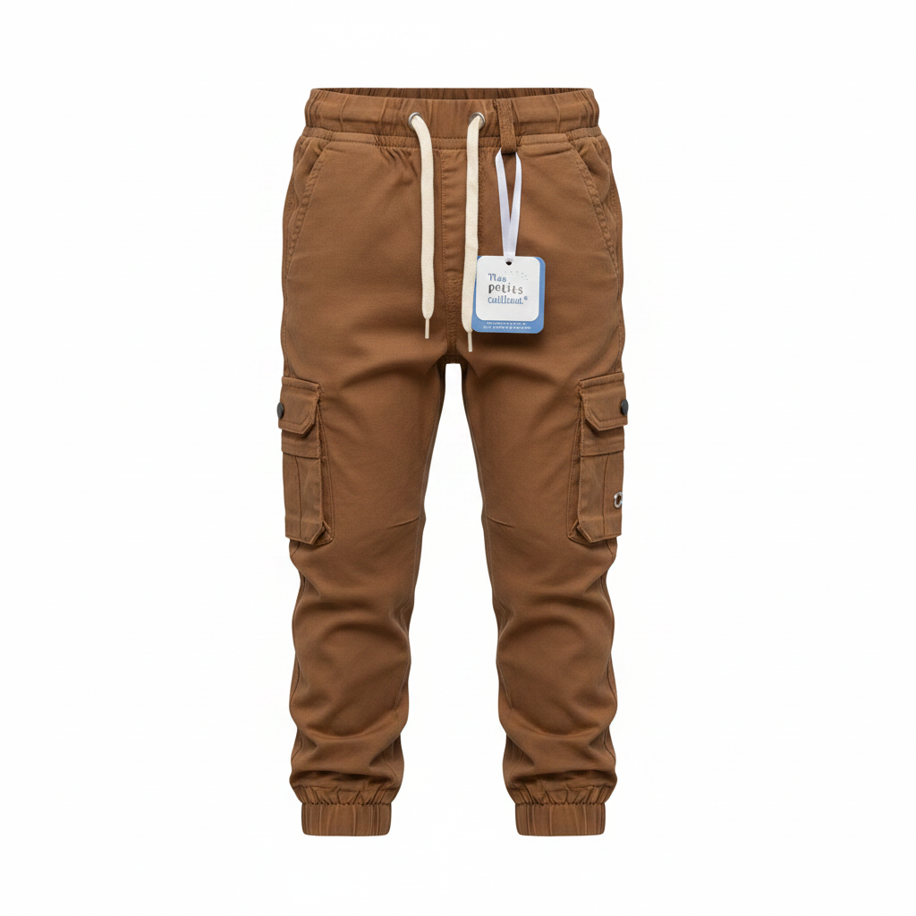 Kids' brown cargo jogger pants with side pockets ghost mannequin front view