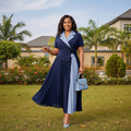 Women's navy and powder blue colour-block pleated midi gown – Nigerian model lifestyle shot