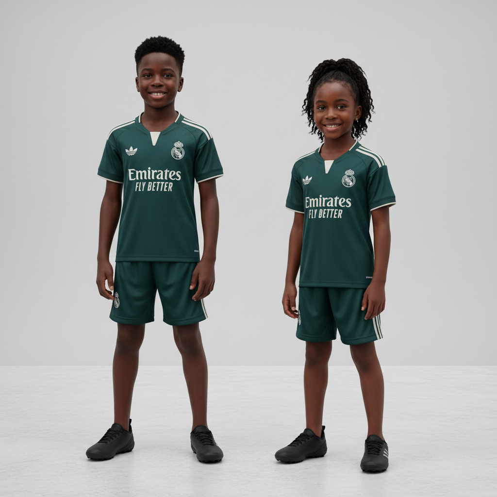 Black Nigerian boy and girl wearing the dark teal striped football jersey and shorts matching the ghost mannequin design