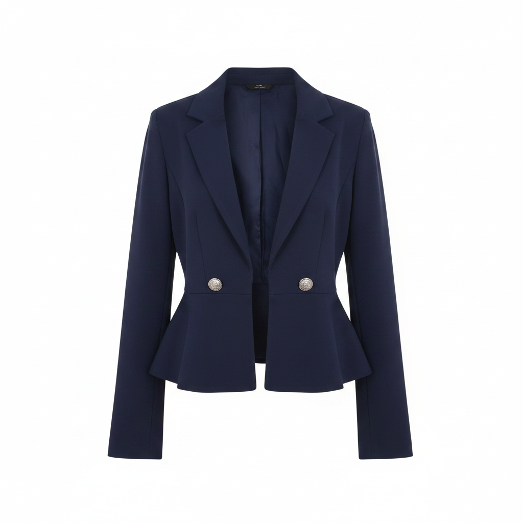 Navy Blue Cropped Peplum Blazer - Ghost Mannequin Front
