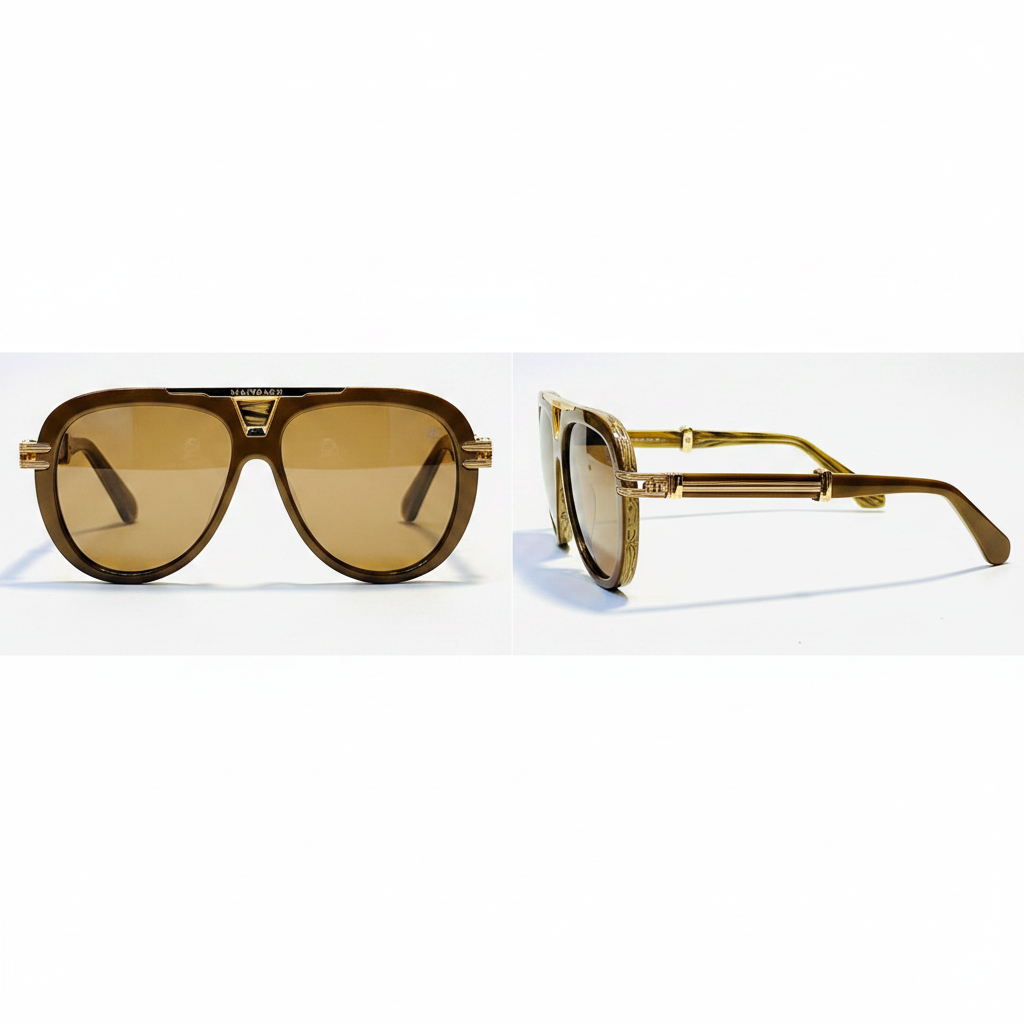 Unisex gold aviator sunglasses – front and side ghost mannequin view on white background
