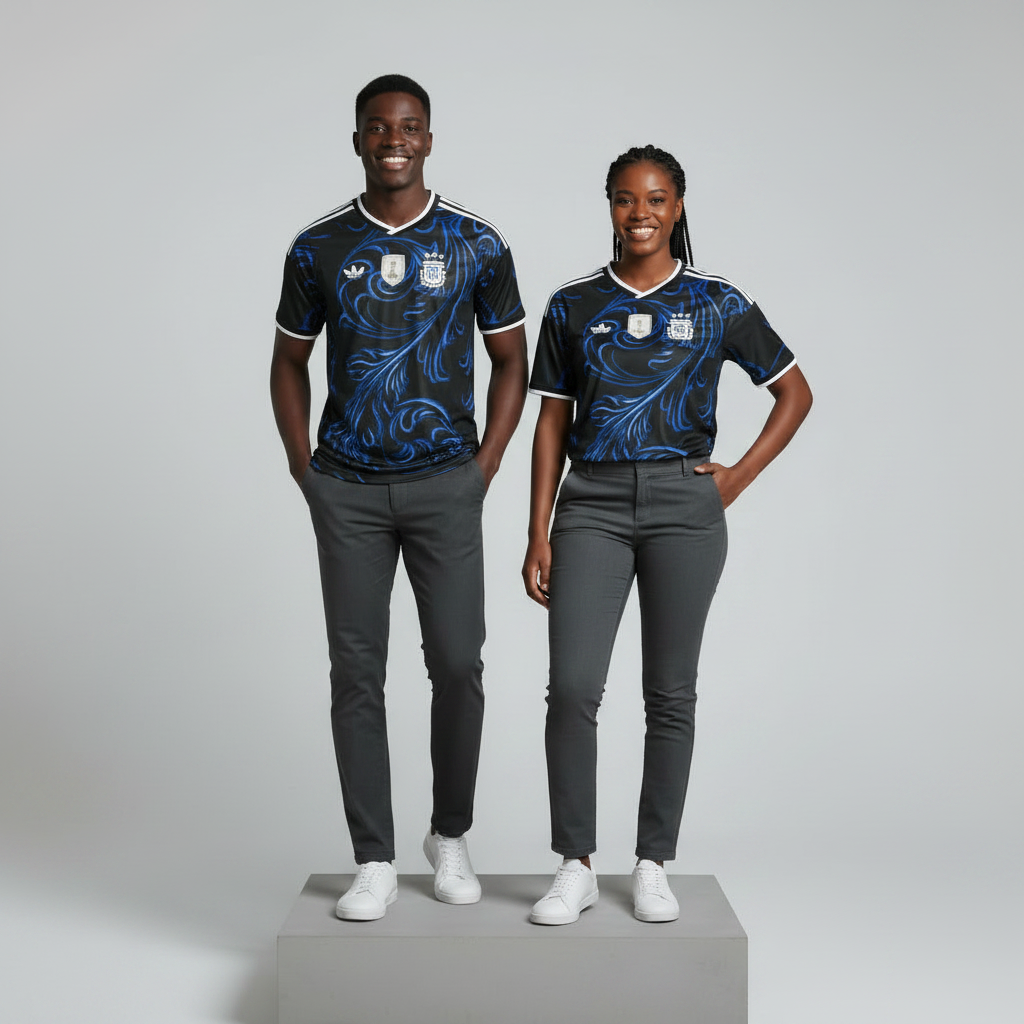 Nigerian male and female models wearing the Unisex Black Blue Baroque Swirl Football Jersey side by side