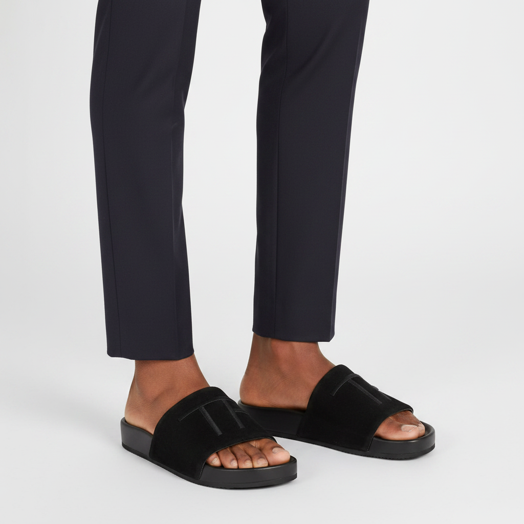 Close-up leg focus showing both men's black suede H-bar wide-strap slide sandals with dark navy trouser hem