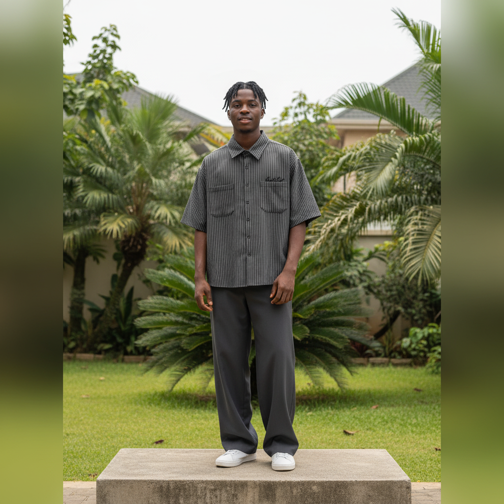 Nigerian male model full body wearing men's charcoal pinstripe boxy short-sleeve shirt