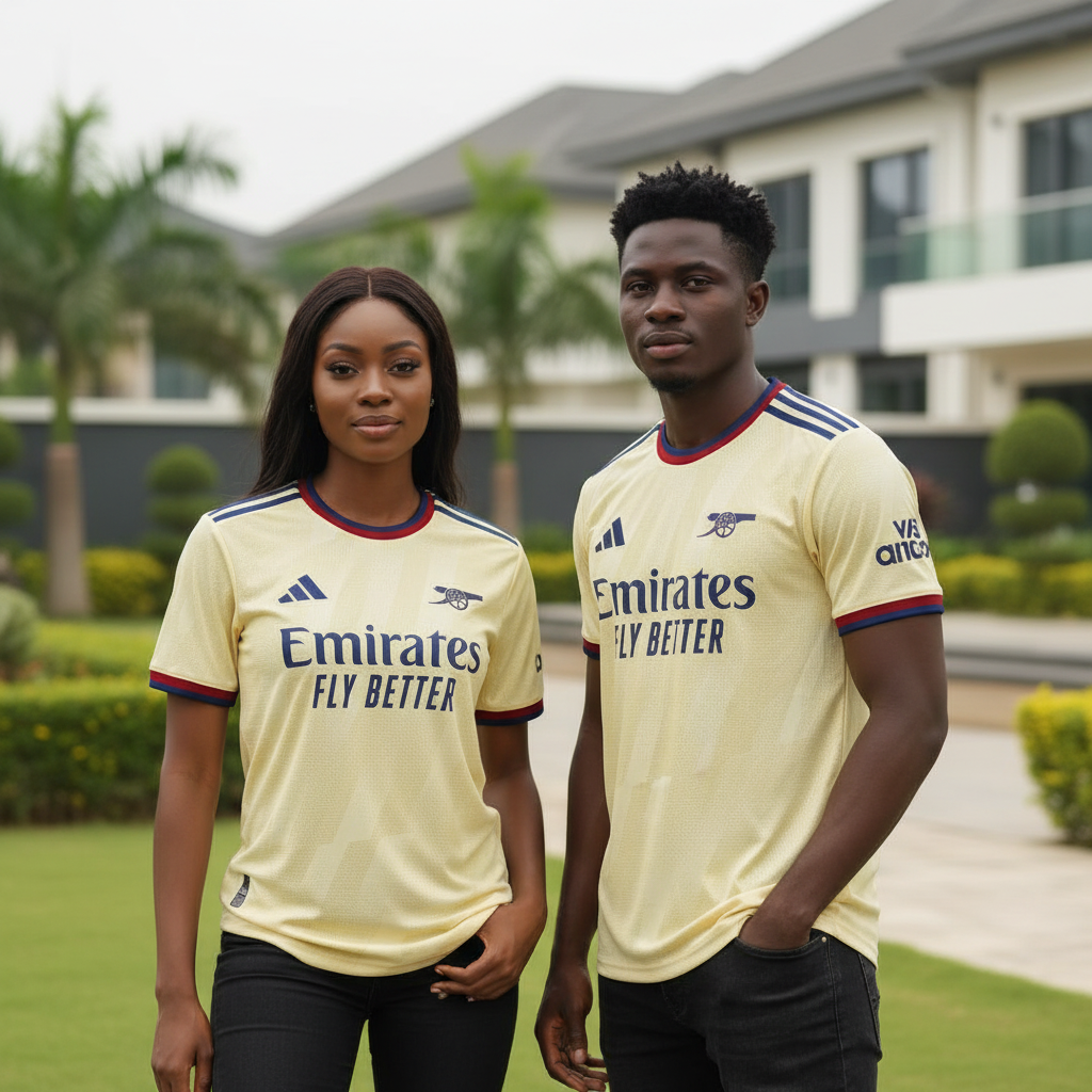 Nigerian female and male models wearing pale yellow jacquard texture football jersey