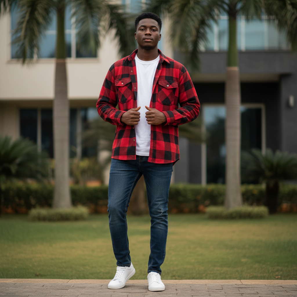 Young Nigerian male wearing red and black buffalo plaid flannel long sleeve shirt