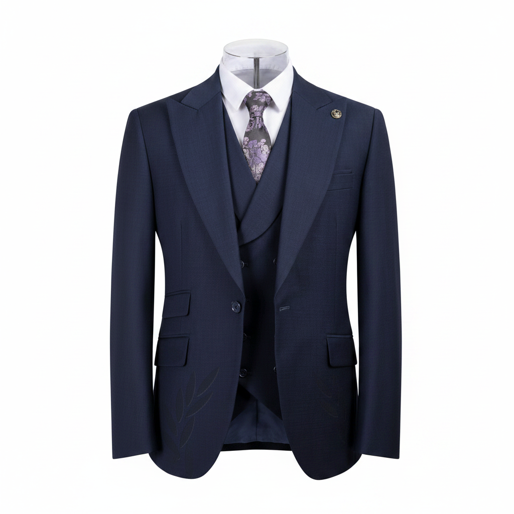 Ghost mannequin front view of navy blue slim fit blazer and waistcoat