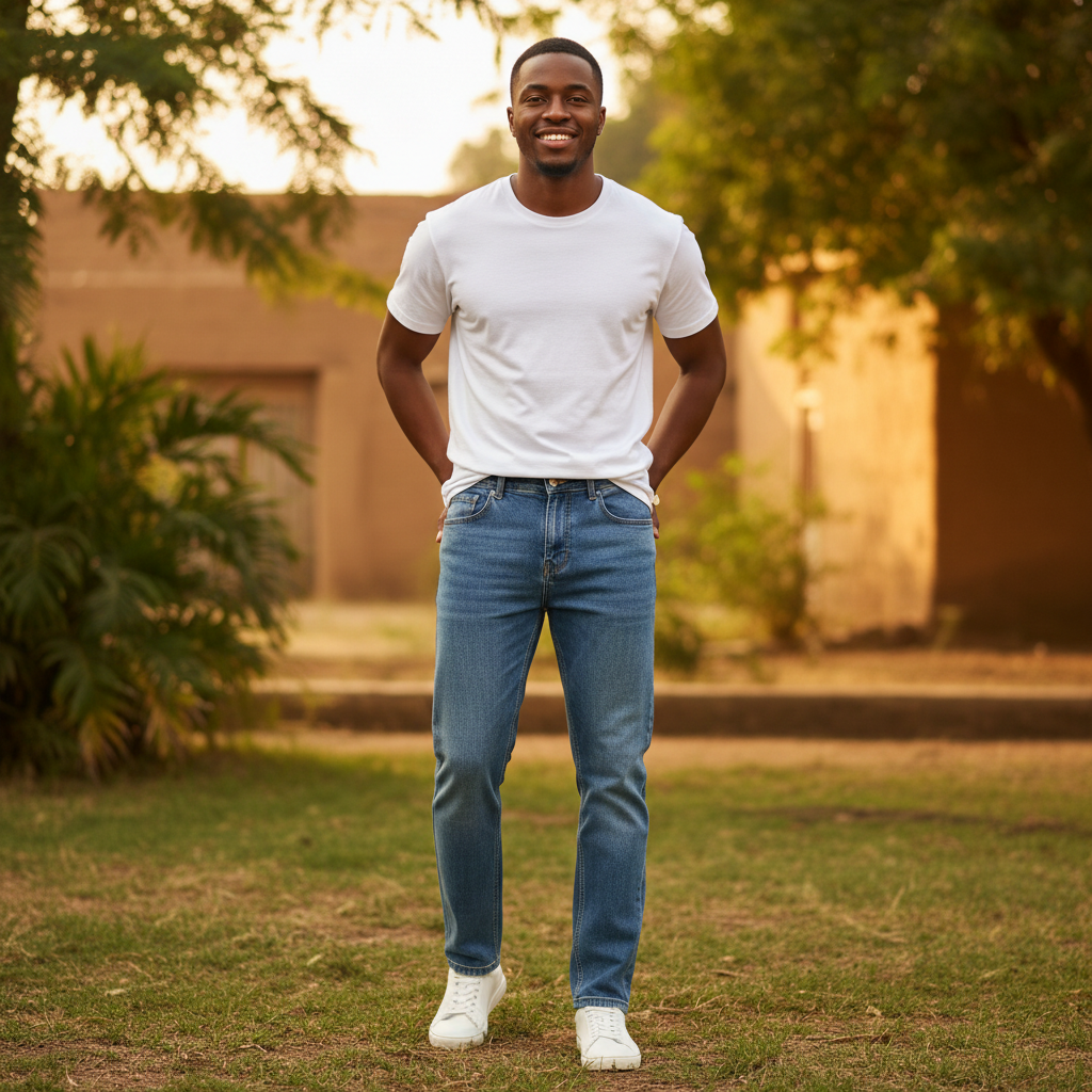 Nigerian model wearing medium blue straight jeans
