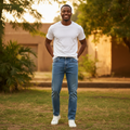 Nigerian model wearing medium blue straight jeans
