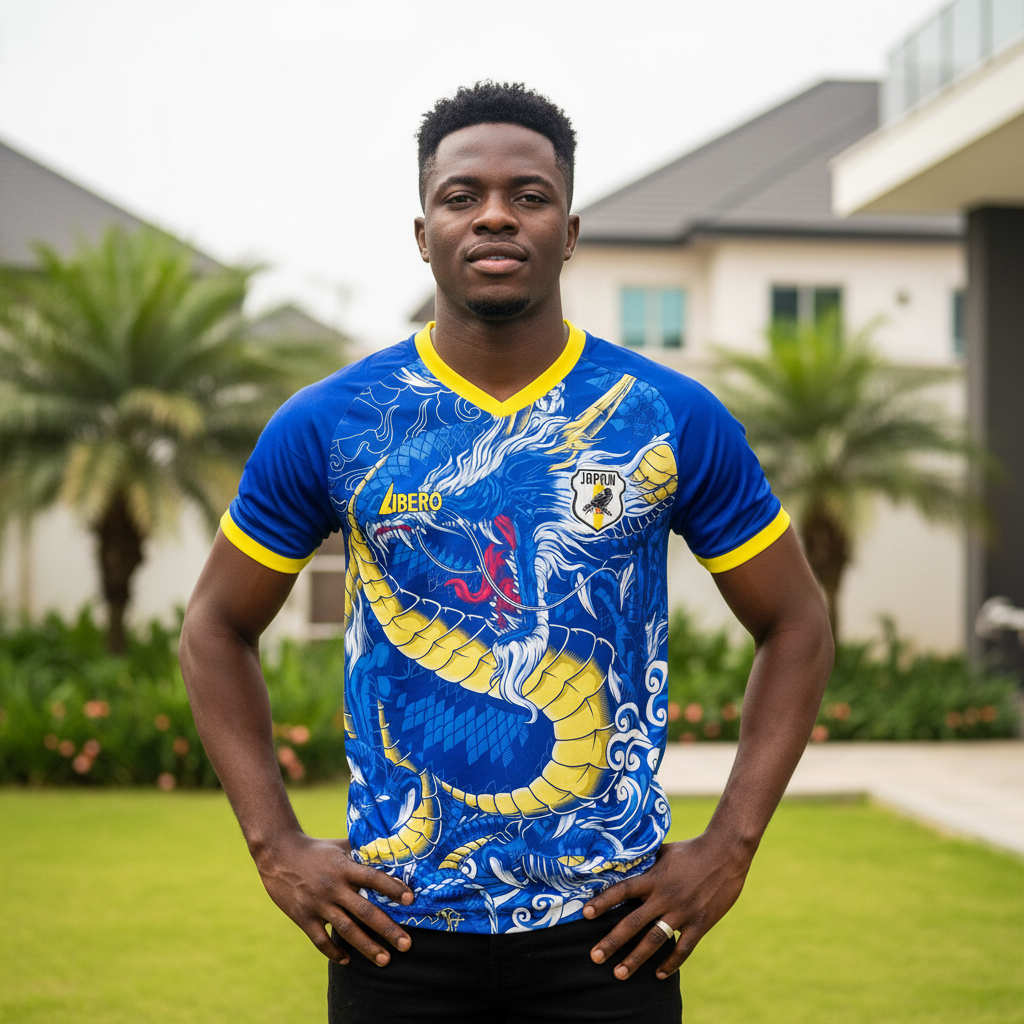 Nigerian male model wearing royal blue yellow dragon football jersey front view