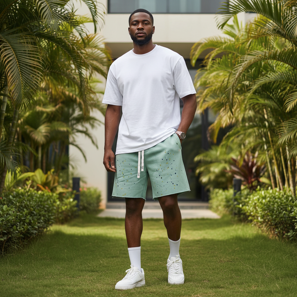 Nigerian male model wearing sage mint green paint splatter fleece drawstring shorts in upscale outdoor setting