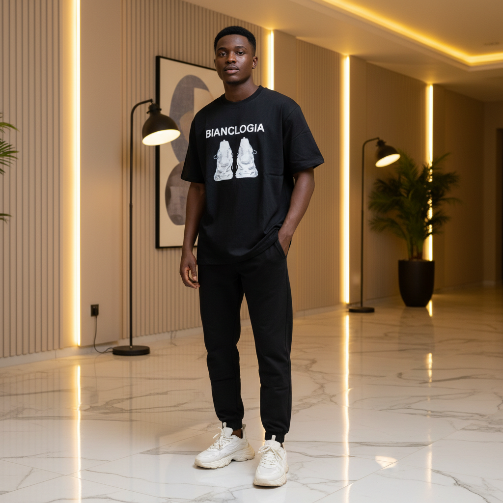 Black Sneaker Graphic Oversized Tee – Model Shot