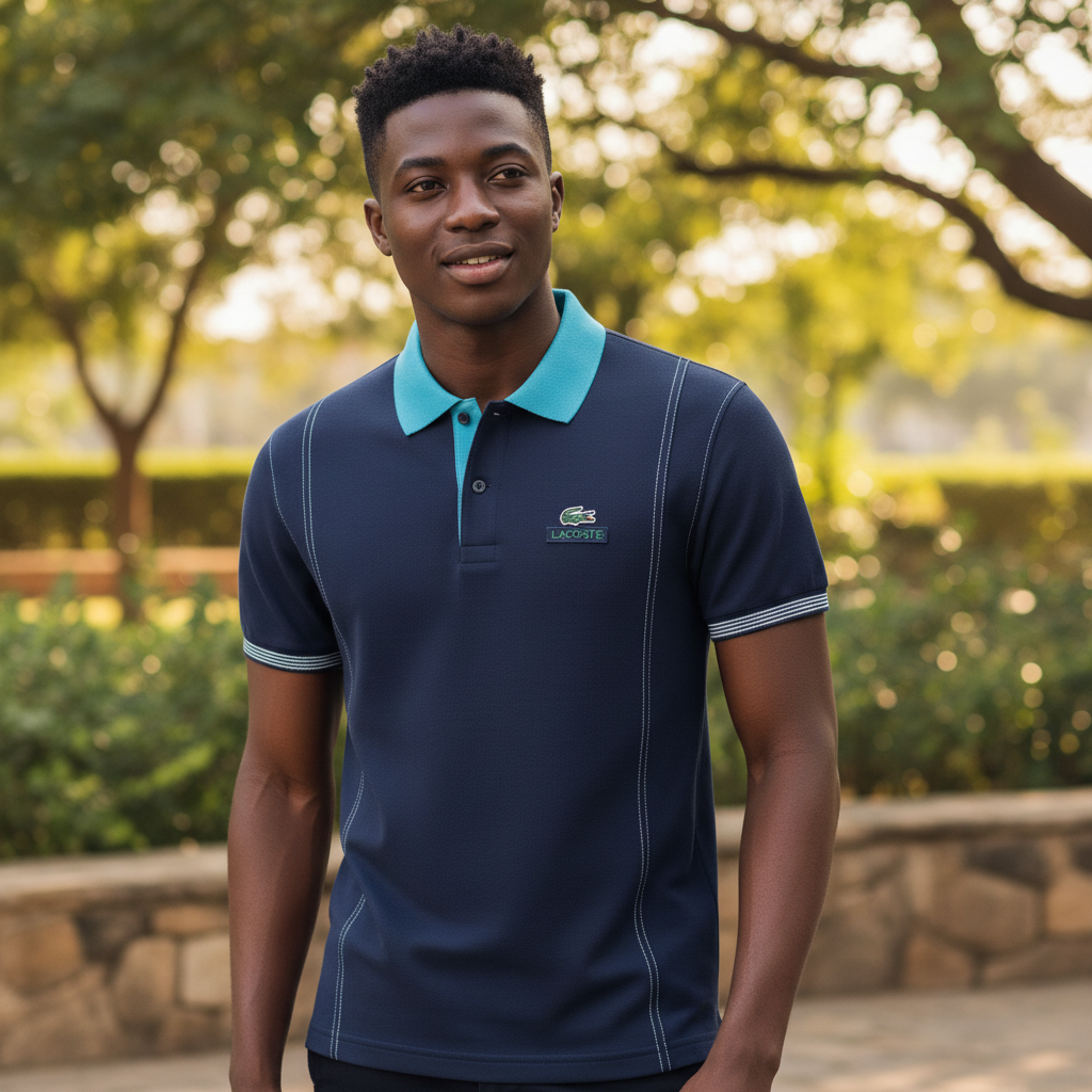 Navy Blue Aqua Collar Polo Shirt on Nigerian male model