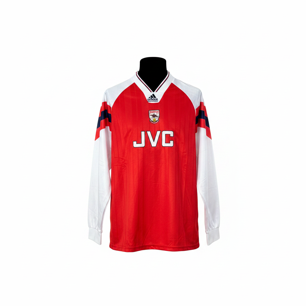 Red and white long-sleeve retro football jersey with V-neck collar and shoulder stripes, ghost mannequin front view